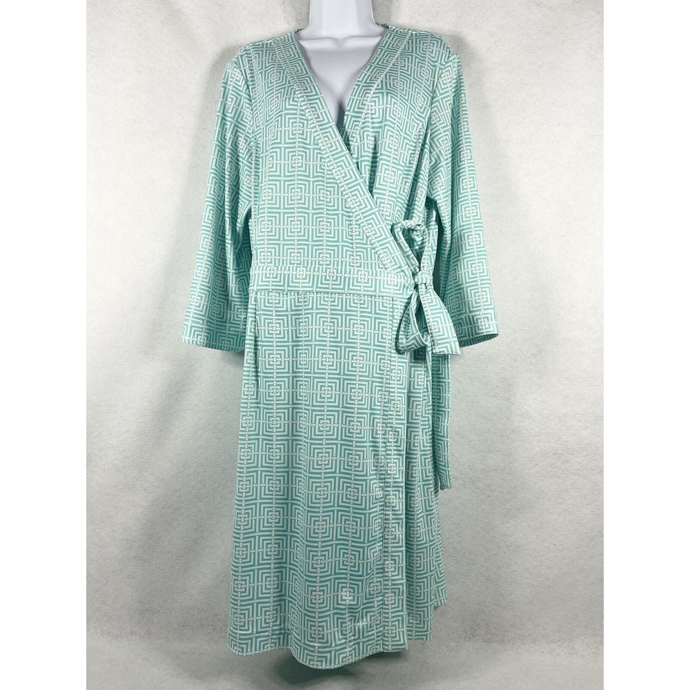 Elizabeth Mckay Wrap Dress Women's XL Blue White Long Sleeves Geometric NWOT